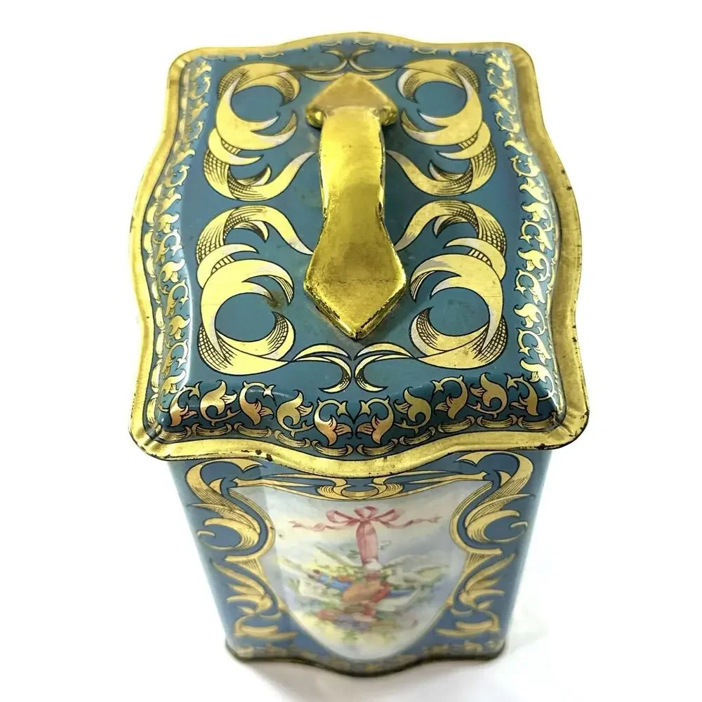 Vintage Ciftea Tea Tin Made in England Blue Gold Victorian Scenes Canister w/Lid